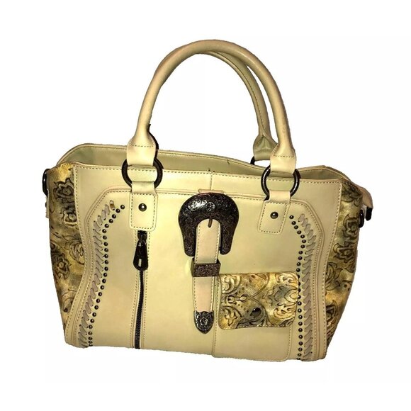 MONTANA WEST LARGE LEATHER PURSE STUDDED SILVER HARDWARE SATCHEL CREAM IVORY - Picture 1 of 6